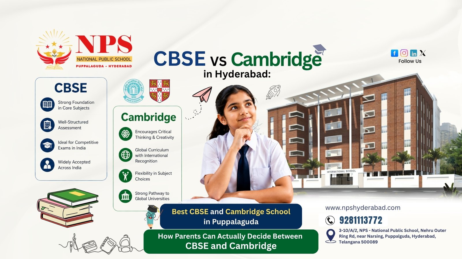 CBSE vs Cambridge comparison infographic for NPS Puppalaguda, showing a student outside the school's Hyderabad campus building