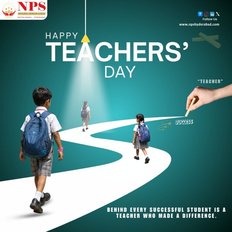 Students and teachers celebrating Teachers' Day 2026 at NPS Hyderabad with cultural performances and handmade cards