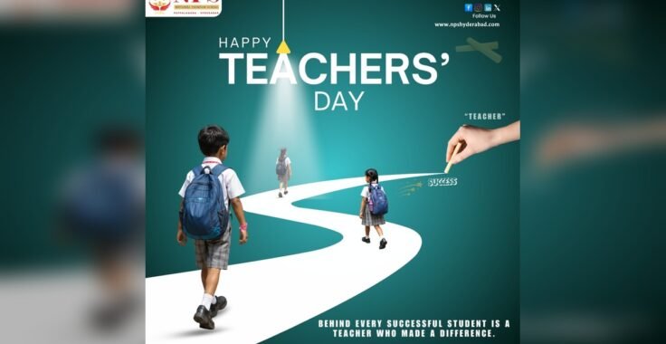 Students and teachers celebrating Teachers' Day 2026 at NPS Hyderabad with cultural performances and handmade cards