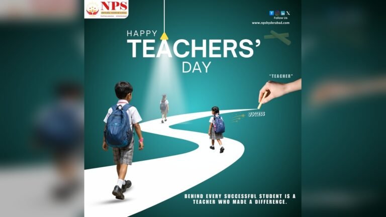 Students and teachers celebrating Teachers' Day 2026 at NPS Hyderabad with cultural performances and handmade cards